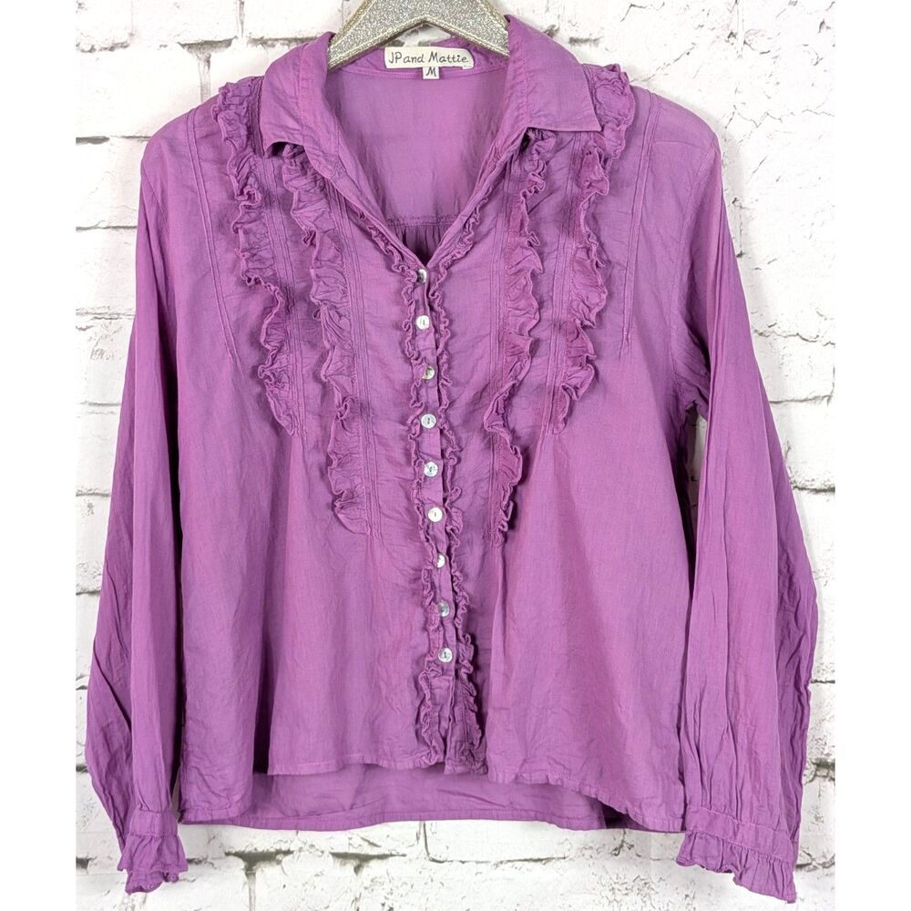 JP and MATTIE Button-Front Ruffle Peasant Top Boho Cottage Hippie Earthy Medium